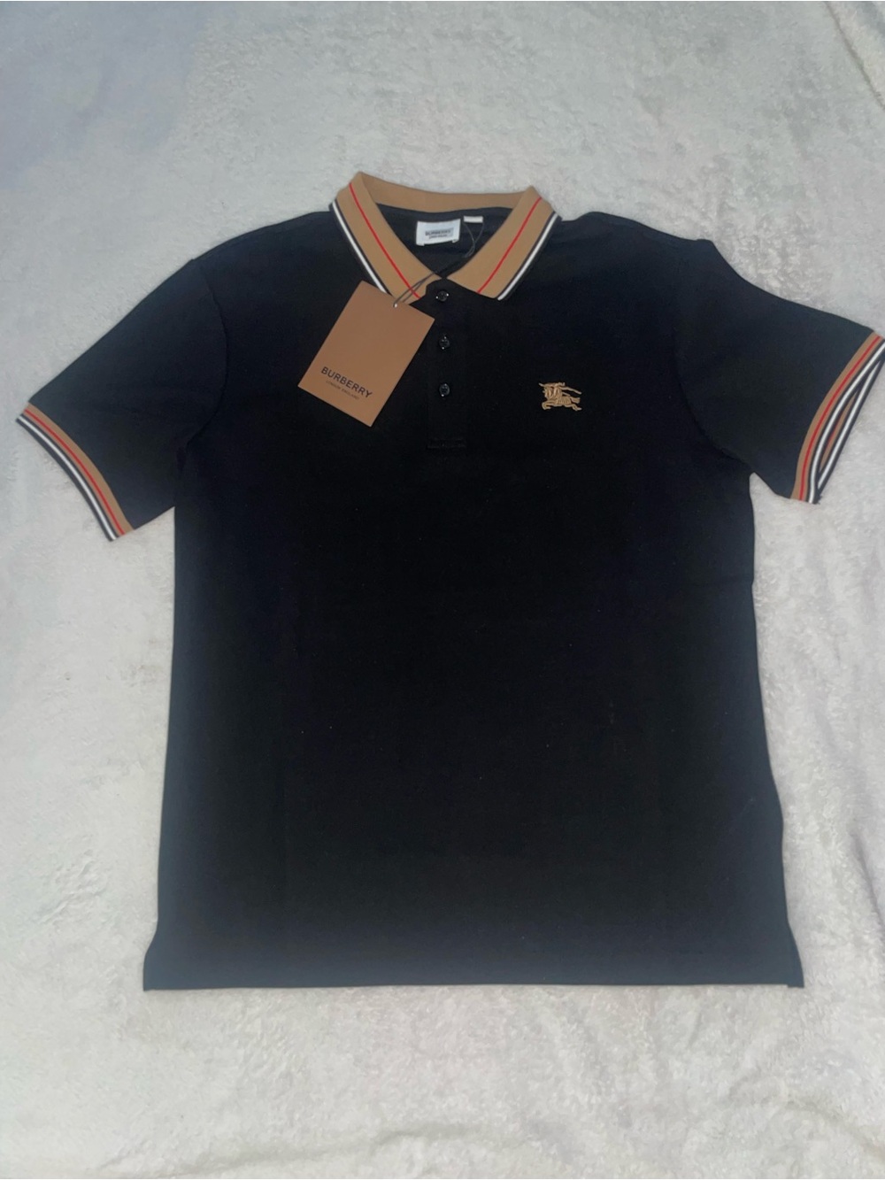 Burberry Black Polo with Beige Contrast Collar and Trim